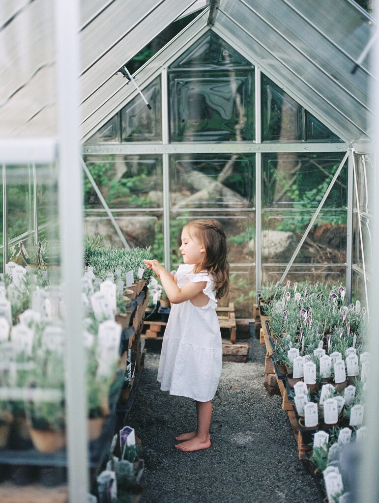 little girl looks at plants in a greenhouse 