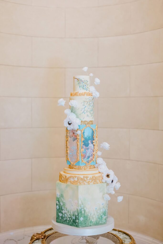 Elegant wedding cake display at Aldrich Mansion in Warwick, Rhode Island