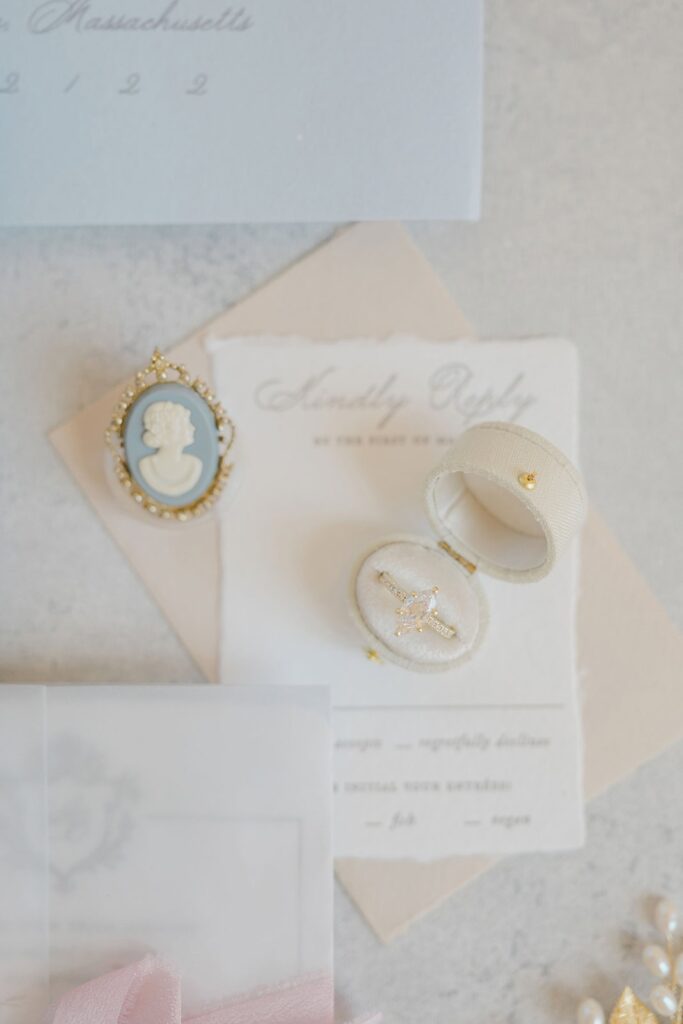 Luxury wedding paper goods styled in a flat lay at Aldrich Mansion in Warwick