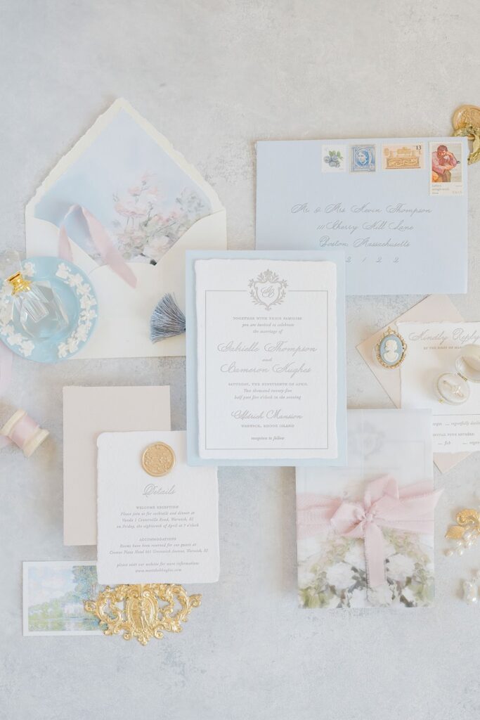Elegant wedding stationery suite photographed at Aldrich Mansion in Rhode Island