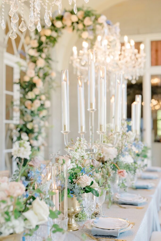 Gold and ivory tablescape design at Aldrich Mansion wedding reception
