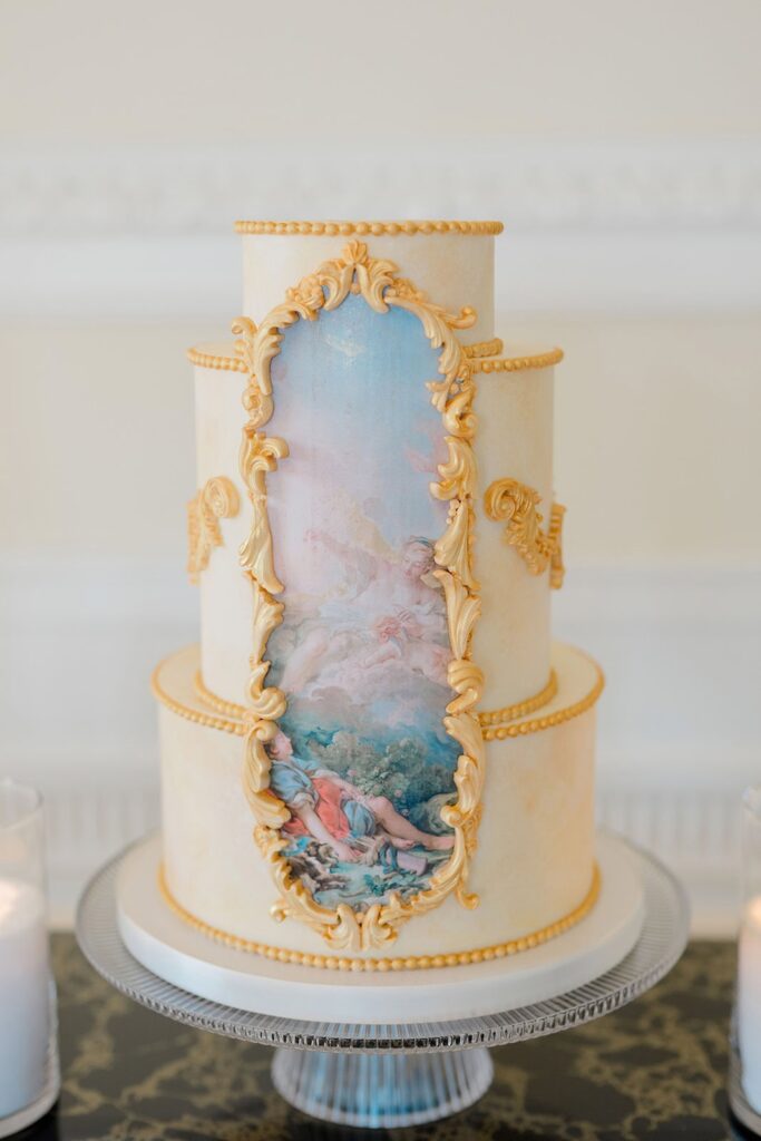 Styled wedding cake table at Aldrich Mansion wedding reception in Warwick, Rhode Island