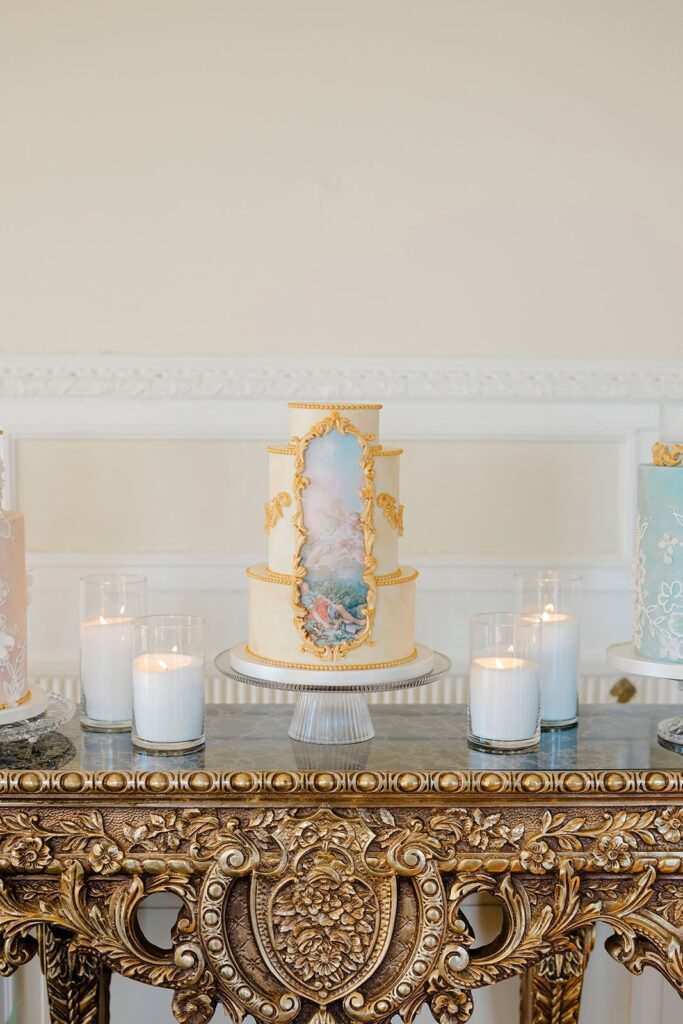 Vintage-inspired cake table decor at Aldrich Mansion in Rhode Island