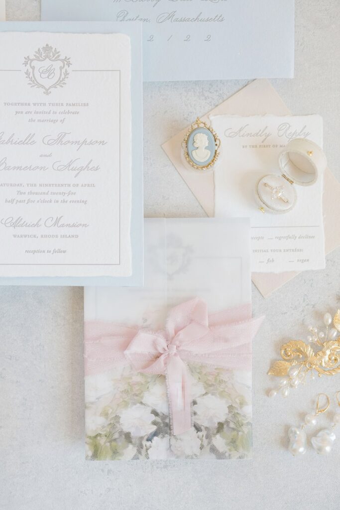 Calligraphy wedding invitations styled at Aldrich Mansion wedding venue