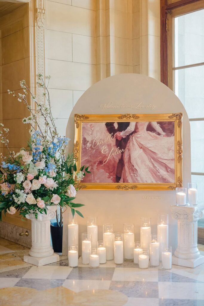 Elegant wedding welcome sign displayed at Aldrich Mansion in Warwick, Rhode Island