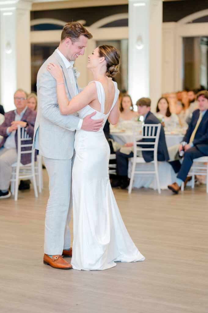 Bride and groom sharing their first dance at Belle Mer wedding reception in Newport, Rhode Island.