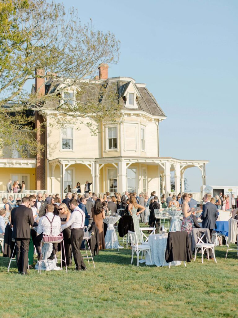 Aerial view of the Eisenhower House and lawn setup for a coastal Newport Rhode Island wedding.