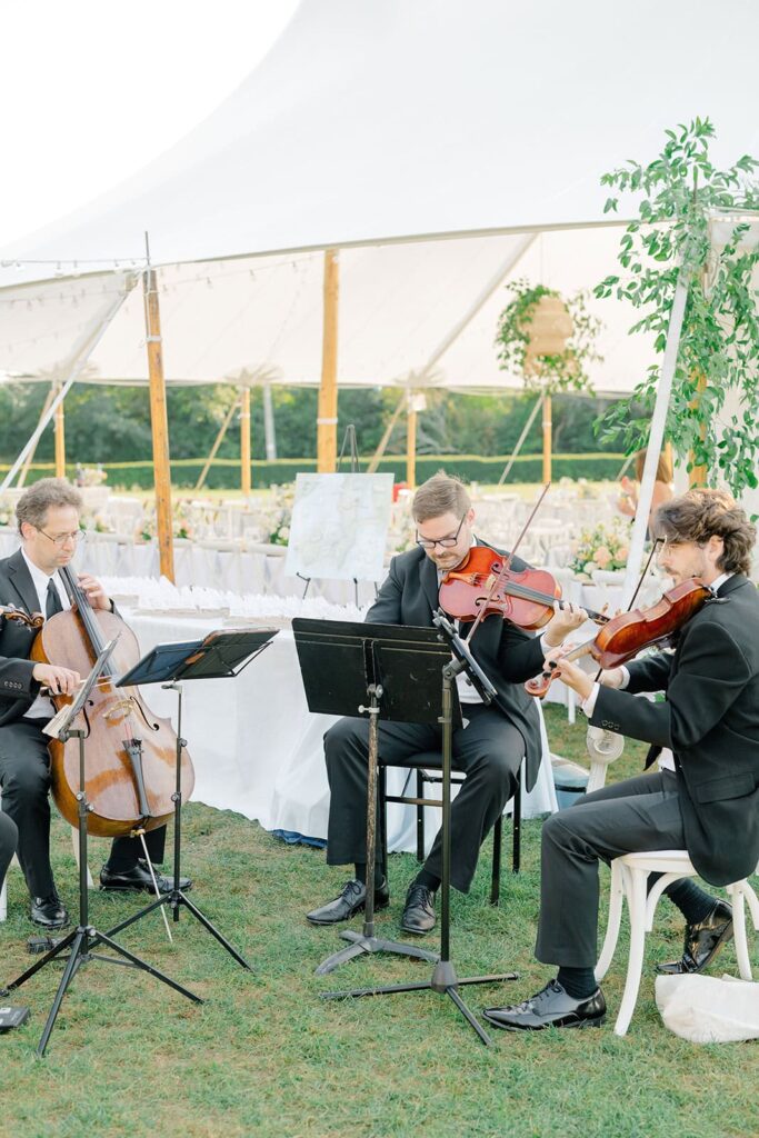 A string quartet performing during cocktail hour on the lawn overlooking Narragansett Bay.