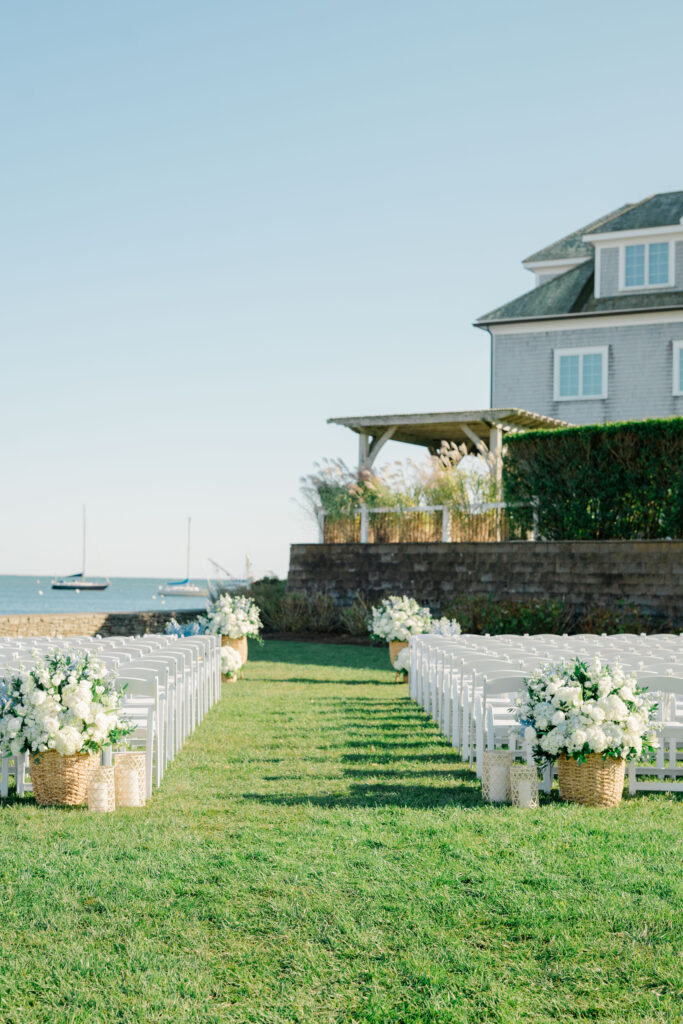 Close-up of elegant ceremony flowers at luxury Cape Cod wedding venue