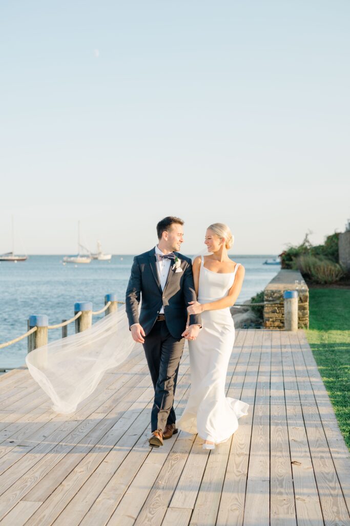 Editorial bridal portrait with groom inside Wychmere Beach Club Harbor Room
