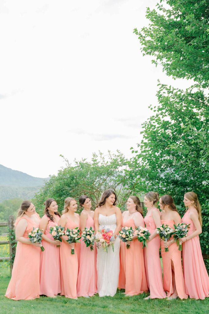 Bridal party celebrating with mountain views in Chittenden, Vermont.