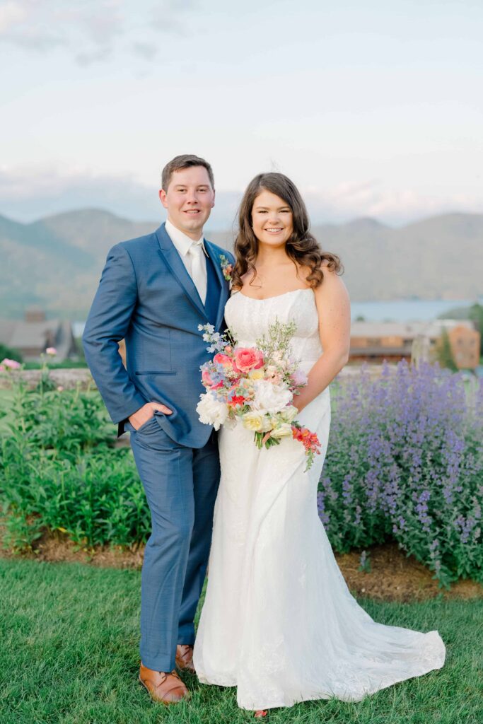 Romantic golden hour portraits of bride and groom at Mountain Top Resort.