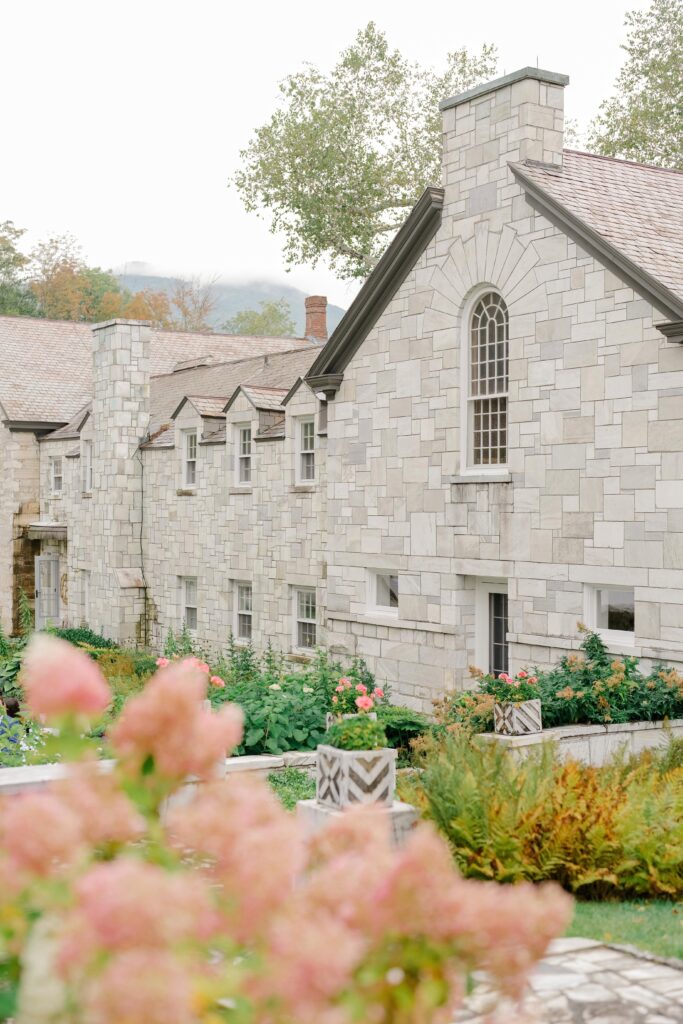 Exterior ceremony setting prepared at Marble House in Manchester, Vermont, before guests arrive.