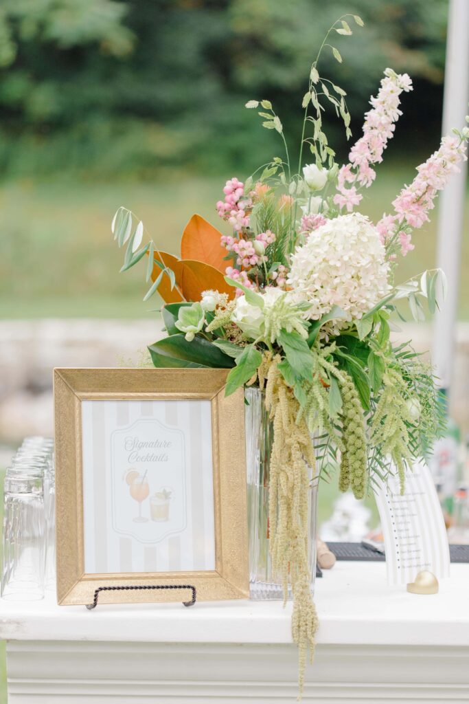 Guests enjoying cocktail hour at Marble House in Manchester, Vermont, during a wedding celebration.