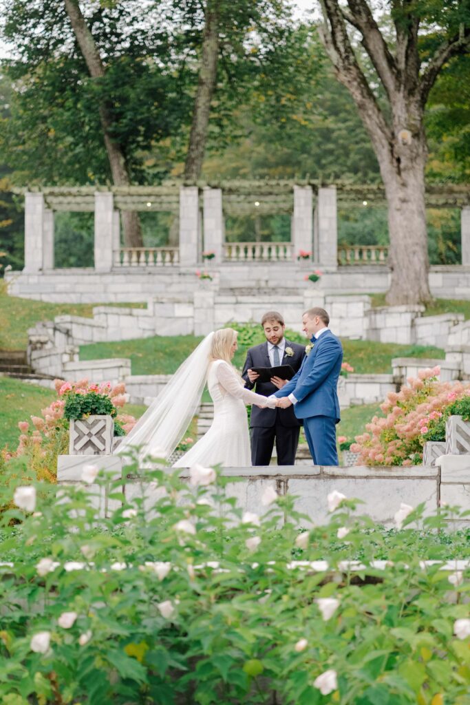 Close-up moment of the couple during their Vermont wedding ceremony, capturing connection and emotion.