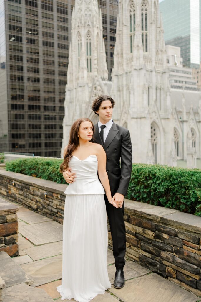 Bridal portrait session at 620 Loft and Garden with a Manhattan backdrop
