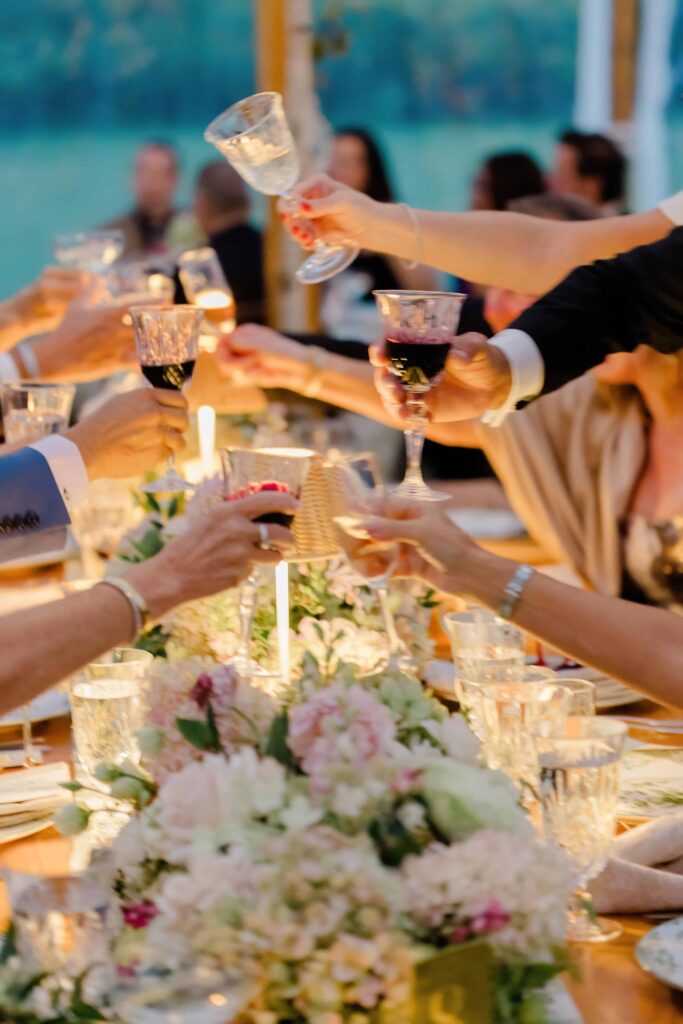 Heartfelt toasts shared during a Vermont wedding reception, surrounded by family and friends.
